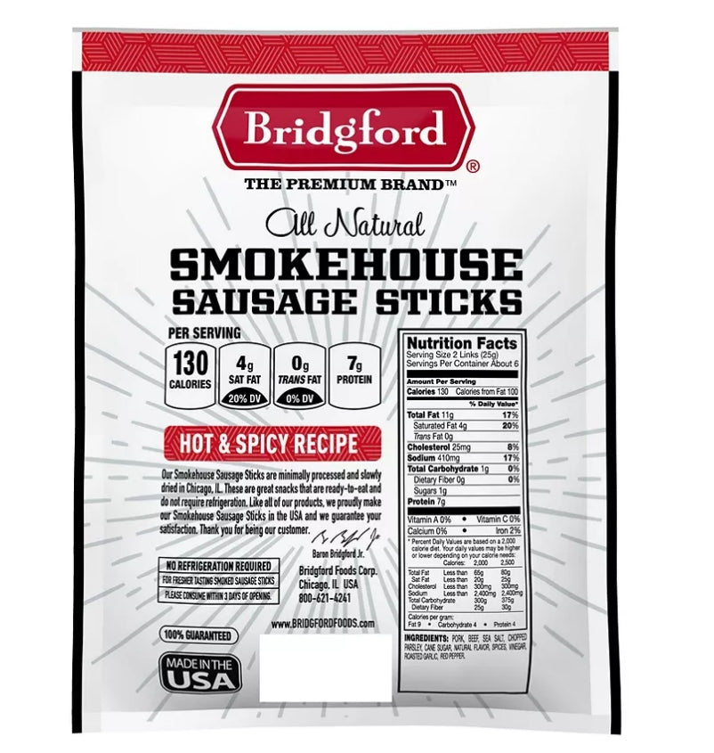 BRIDGFORD SMOKEHOUSE SAUSAGE STICKS HOT & SPICY